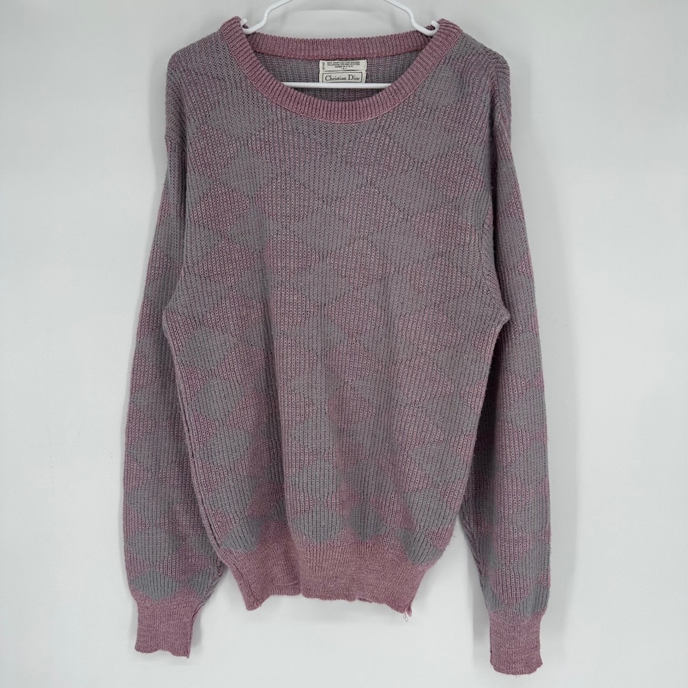 Vintage Christian Dior Mens Large Mauve Grey Geometric Knit Crewneck Sweater USA